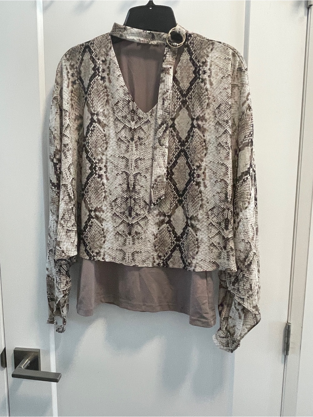 Snake-Print Long Sleeve Tie-Neck Blouse - Neutral Taupe